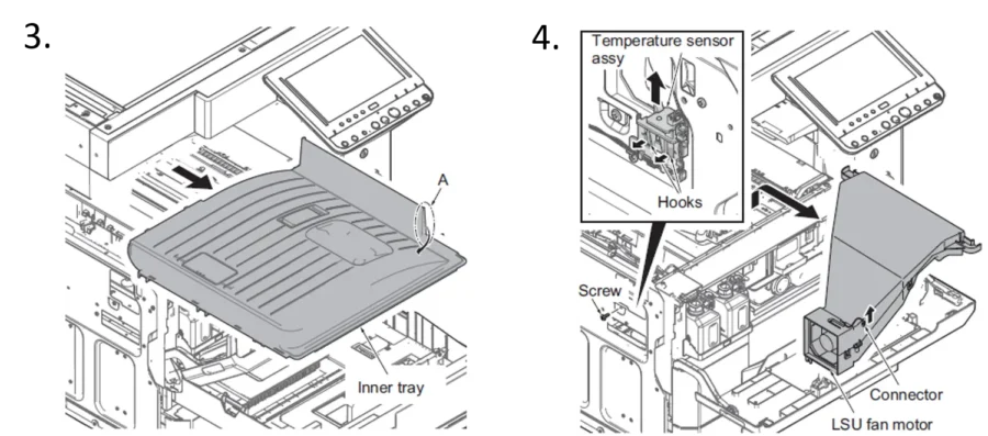 Kyocera 3212i inner tray and temperature sensor assembly removal