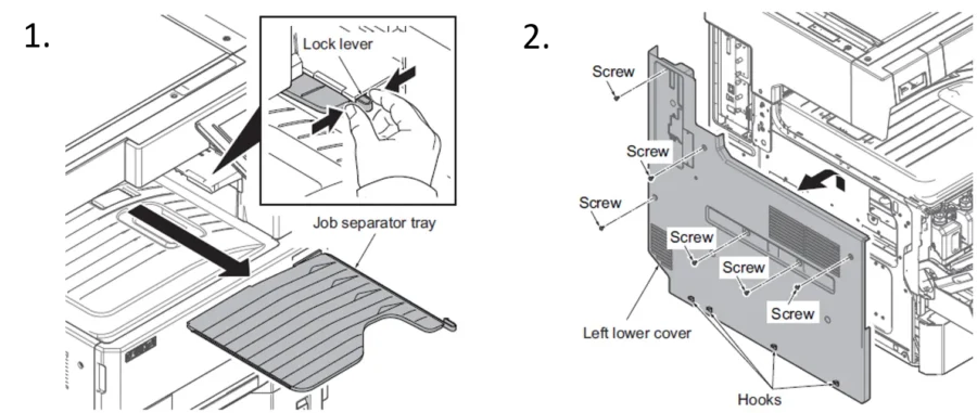 Kyocera 3212i job separator tray and left lower cover removal