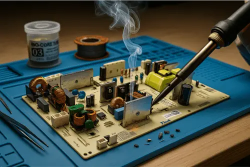 Power supply board under repair with soldering iron