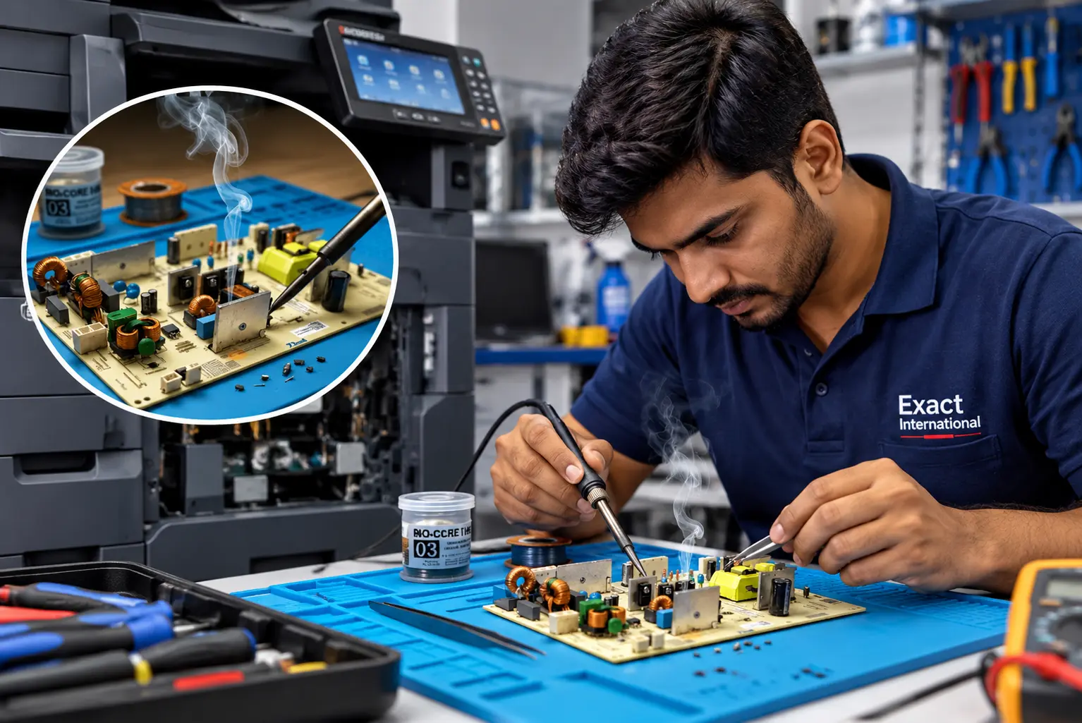 Technician repairing a copier circuit board